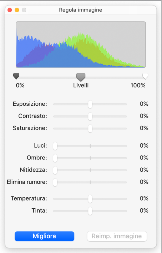 Finestra “Regola immagine” con i cursori per impostare esposizione, contrasto, saturazione, punti di luce, ombre, nitidezza, eliminazione del rumore, temperatura e tinta.