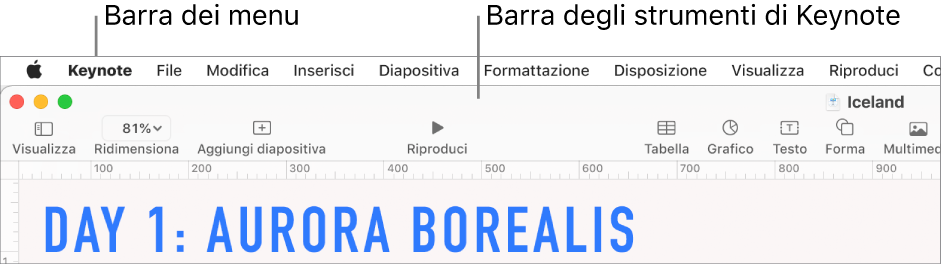 La barra dei menu nella parte superiore dello schermo con i menu Apple, Keynote, File, Modifica, Inserisci, Formato, Disposizione, Visualizza, Riproduci, Finestra e Aiuto. Sotto la barra dei menu è visibile una presentazione di Keynote aperta con i pulsanti della barra strumenti Visualizza, Ridimensiona, “Aggiungi diapositiva”, Riproduci, Tabella, Grafico, Testo, Forma e Multimedia nella parte superiore.