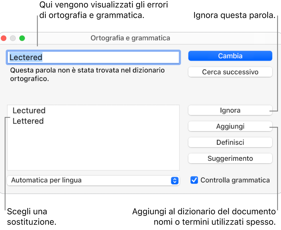 Finestra “Ortografia e grammatica”.