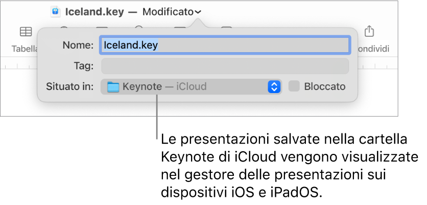 Finestra di dialogo Salva per una presentazione con “Keynote - iCloud” nel menu a comparsa Dove.