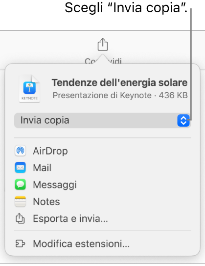 Il menu Condividi con l’opzione “Invia copia” selezionata in alto.