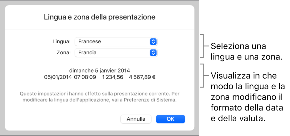 Il pannello Lingua e Zona con i controlli per lingua e zona e un esempio di formato che include data, ora, numeri decimali e valuta.