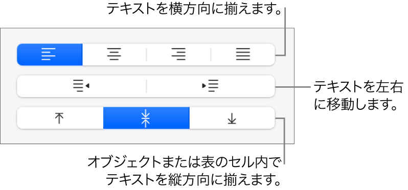 「フォーマット」ボタンの「配置」セクション。テキスト配置ボタンのコールアウトが表示された状態。