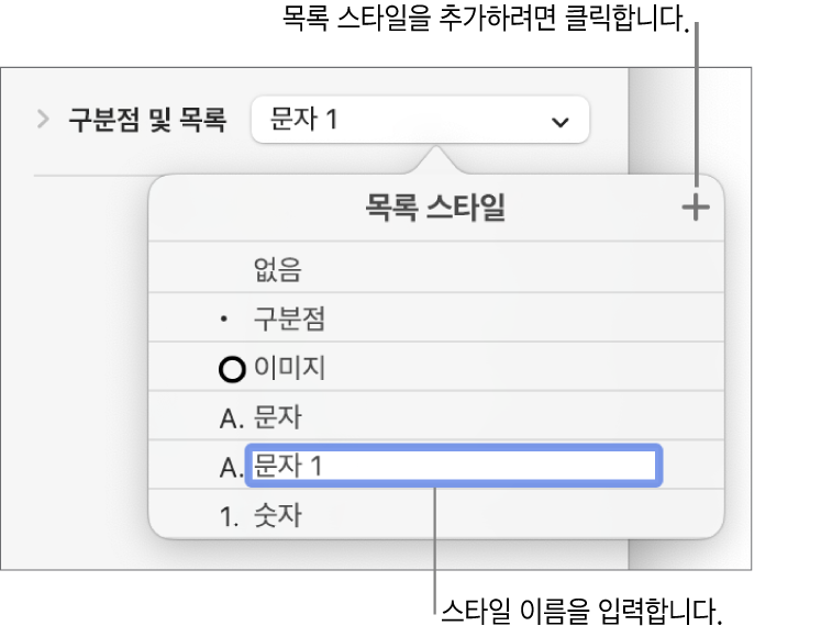 오른쪽 상단 모서리에 추가 버튼이 있는 목록 스타일 팝업 메뉴와 텍스트가 선택된 위치 지정자 스타일 이름.