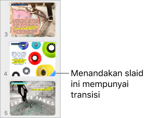 Segi tiga biru pada slaid menunjukkan bahawa slaid mempunyai transisi.