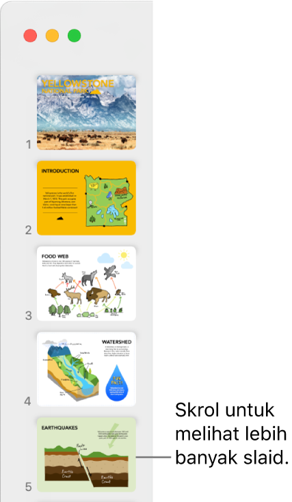 Penavigasi slaid memaparkan lima slaid secara menegak dalam tertib turutan, dengan pilihan untuk skrol ke bawah untuk melihat lebih banyak slaid.
