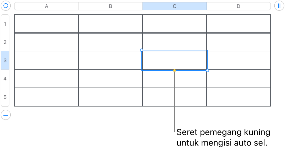 Sel yang dipilih dengan pemegang kuning yang boleh anda seret untuk mengisi auto sel.