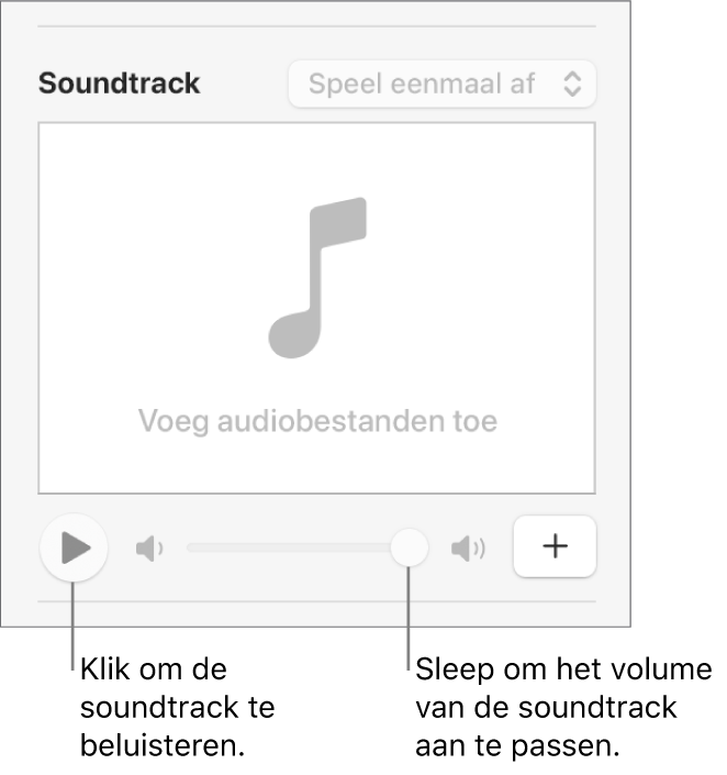 De soundtrackregelaars met uitleg bij de afspeelknop en de volumeschuifknop.