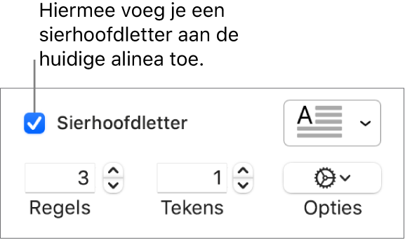 Het aankruisvak 'Sierhoofdletter' is ingeschakeld en rechts ervan staat een pop‑upmenu. Eronder staan regelaars voor het instellen van de regelhoogte, het aantal tekens en andere opties.