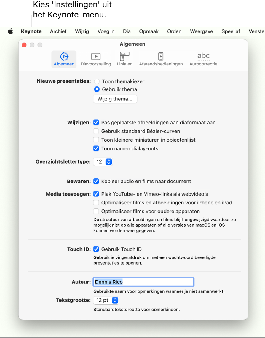 Het instellingenvenster van Keynote met het paneel 'Algemeen'.