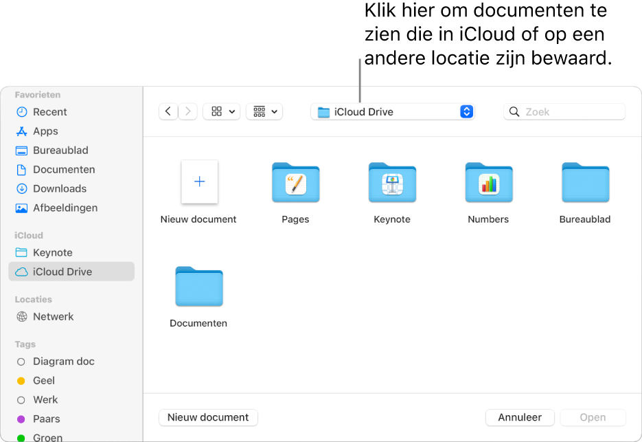 Het dialoogvenster 'Open' waarin de navigatiekolom aan de linkerkant is geopend en waarin in het pop‑upmenu bovenin 'iCloud Drive' is geselecteerd. In het dialoogvenster staan mappen voor Keynote, Numbers en Pages en de knop 'Nieuw document'.