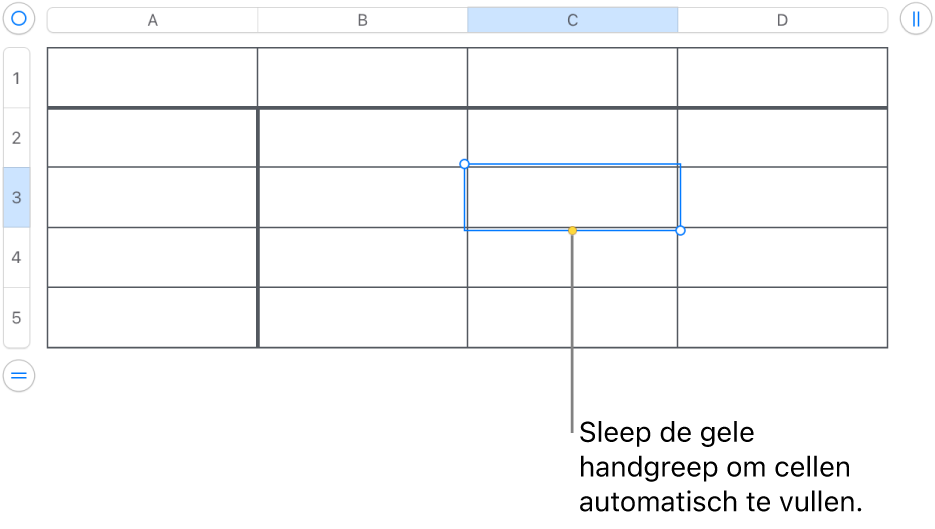 Een geselecteerde cel met een gele greep die je kunt slepen om cellen automatisch te vullen.