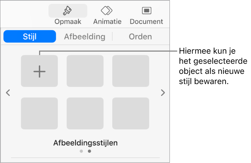 Het tabblad 'Stijl' in de navigatiekolom 'Opmaak' met één tekstvakstijl, rechts daarvan de knop 'Maak stijl aan' en vier lege plaatsaanduidingen voor stijlen.