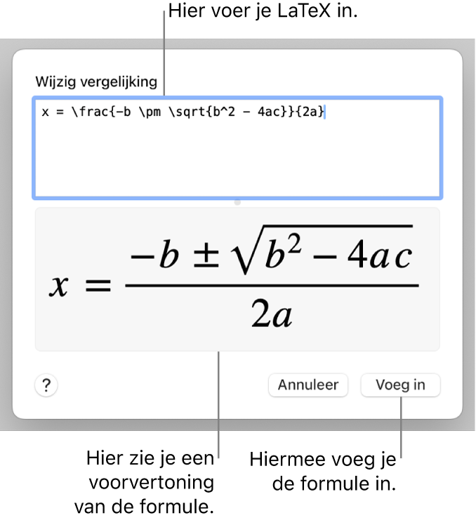 In het veld 'Vergelijking' staat een LaTeX-wortelformule, met daaronder een voorvertoning van de formule.