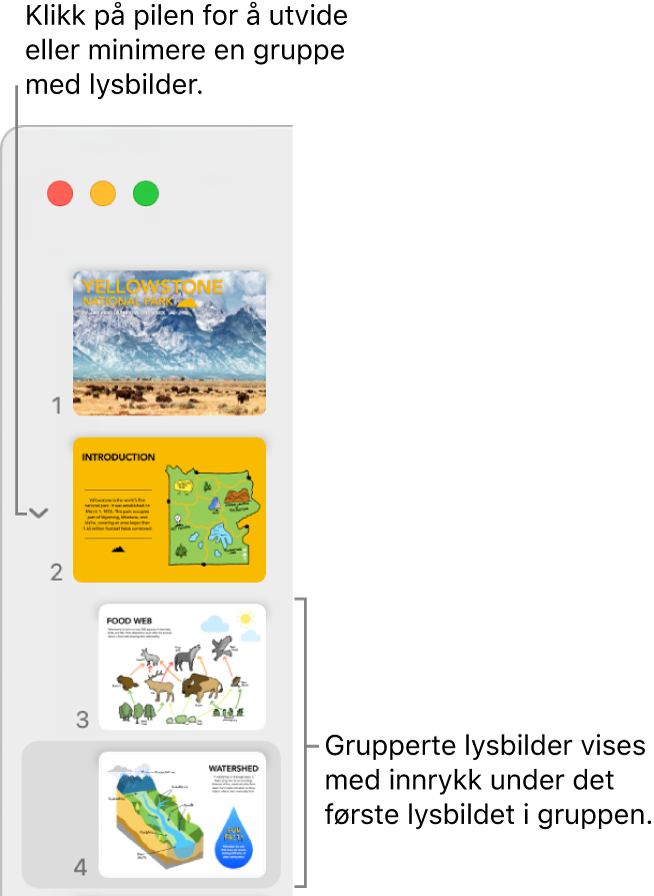 Lysbildenavigeringen, som viser innrykkede lysbilder.