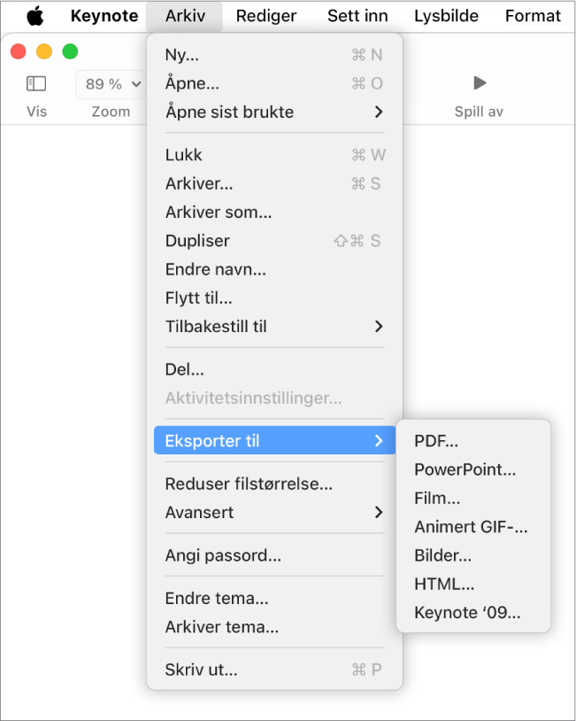 Arkiv-menyen åpen med Eksporter til markert og undermenyen som viser eksportvalg for PDF, PowerPoint, Film, HTML, Bilder og Keynote ’09.