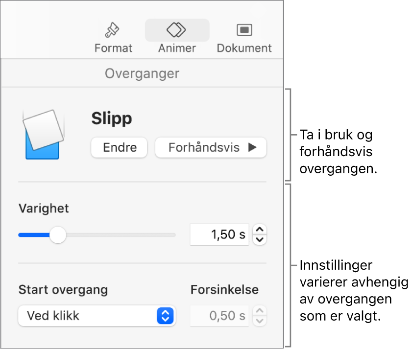 Overgangskontroller i Overganger-delen i sidepanelet.