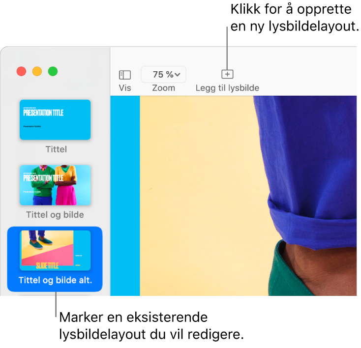 En lysbildelayout vises i lysbildelayoutområdet, med Legg til lysbilde-knappen over det i verktøylinjen.