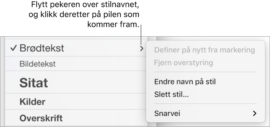 Avsnittsstiler-menyen, med snarveismenyen åpen.