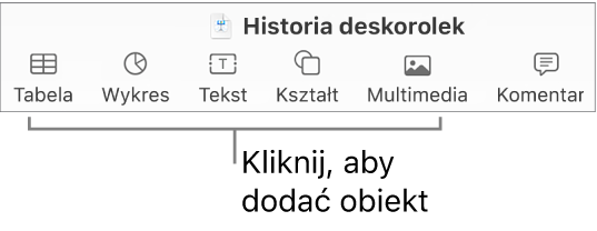 Pasek narzędzi Keynote z przyciskami używanymi do dodawania obiektów do slajdu.