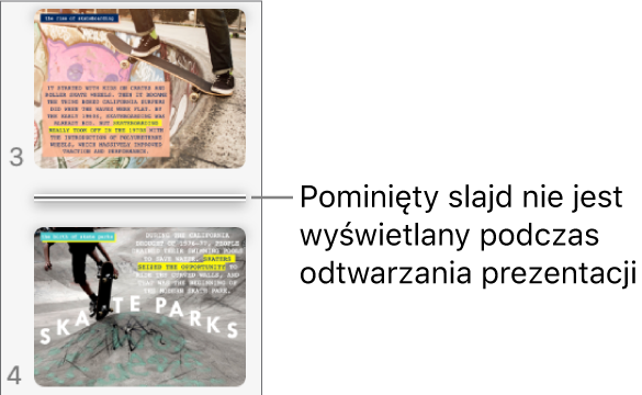 Nawigator slajdów z pominiętym slajdem wyświetlanym jako linia pozioma.