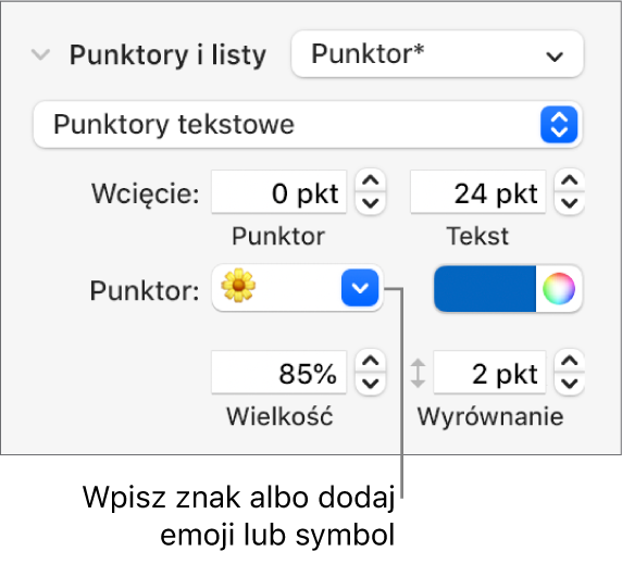 Sekcja Punktory i listy na pasku bocznym Format. Pole Punktor zawiera emoji przedstawiające kwiatek.