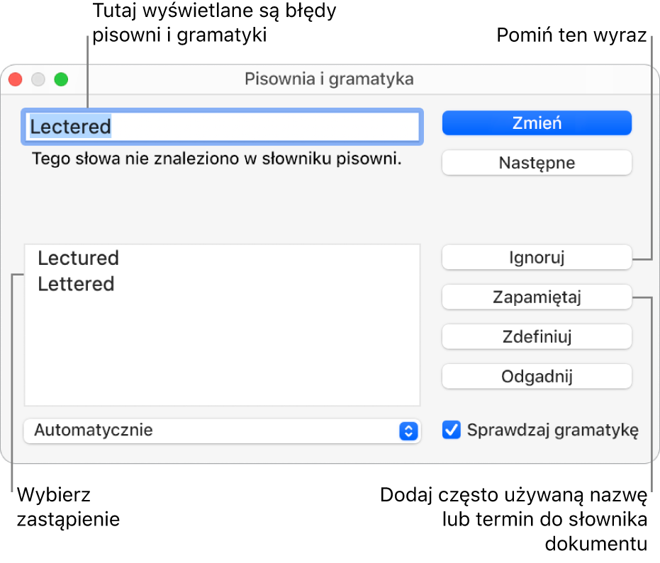 Okno pisowni i gramatyki.