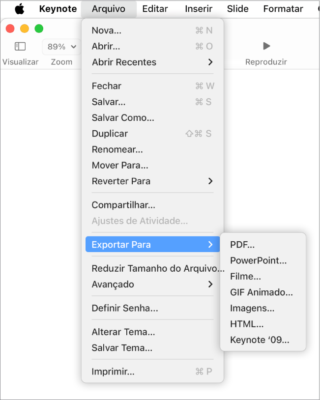 Menu Arquivo aberto com Exportar para selecionado e submenu mostrando opções de exportação em PDF, PowerPoint, Filme, HTML, Imagens e Keynote ’09.