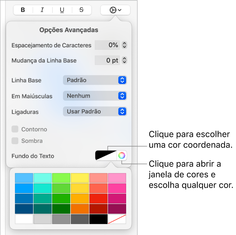 Controles para escolher uma cor de fundo para o texto.