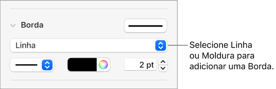 Controles de estilo de Borda na barra lateral Formatar com a opção Linha selecionada como tipo de borda.