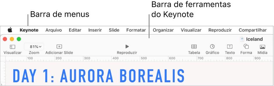 Barra de menus na parte superior da tela com os menus Apple, Keynote, Arquivo, Editar, Inserir, Formatar, Organizar, Visualizar, Reproduzir, Compartilhar, Janela e Ajuda. Abaixo da barra de menus, uma apresentação do Keynote aberta, com botões da barra de ferramentas ao longo da parte superior: Visualizar, Zoom, Adicionar Slide, Reproduzir, Tabela, Gráfico, Texto, Forma e Mídia.