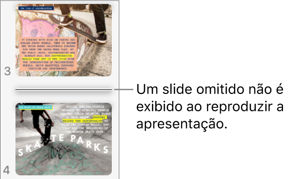 Navegador de slides com um slide omitido exibido como uma linha horizontal.