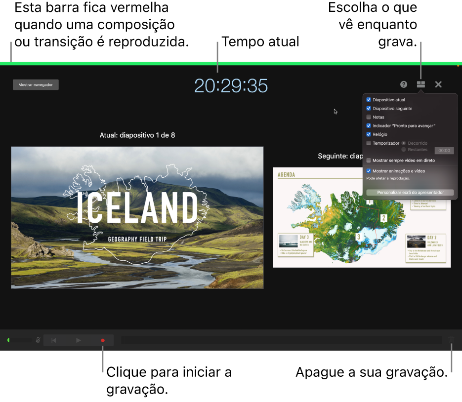 Captura de ecrã do modo de gravação de voz no ecrã do apresentador. O diapositivo atual e seguinte, o tempo atual e os controlos do ecrã do apresentador estão visíveis. O controlo para iniciar e terminar a gravação e o controlo para apagar a gravação aparecem perto da parte inferior do ecrã.