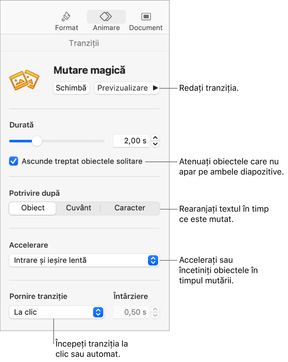 Comenzile de tranziție Mutare magică din secțiunea Tranziții a barei laterale Animează.
