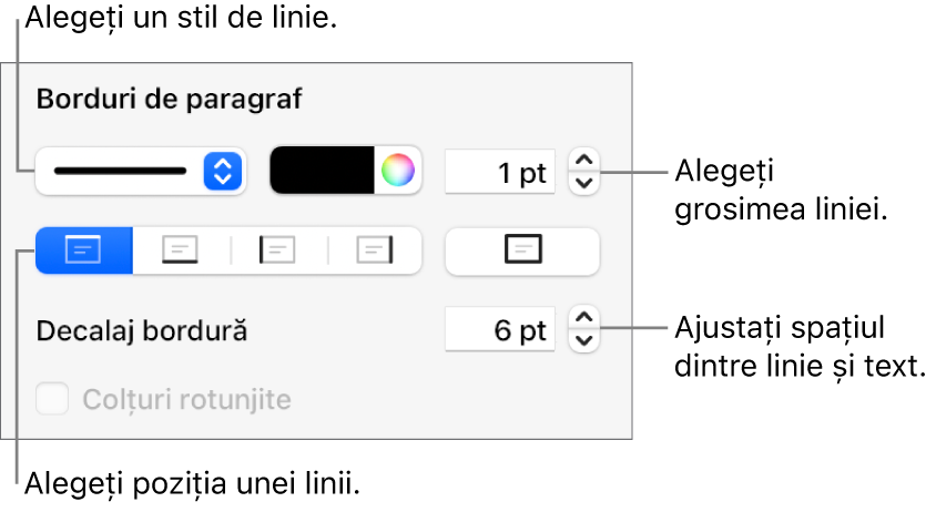 Comenzile pentru schimbarea stilului, grosimii, poziției și culorii liniei.