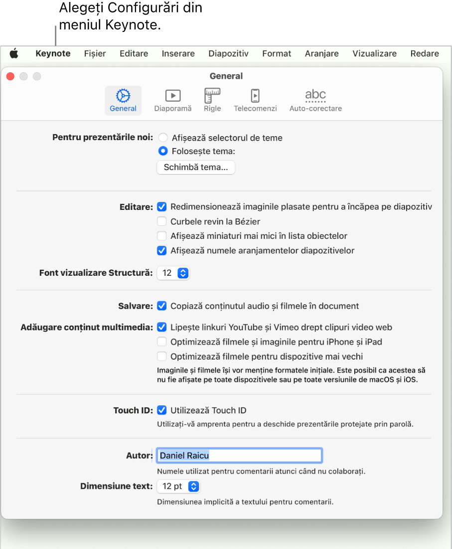 Fereastra de configurări Keynote deschisă la panoul General.
