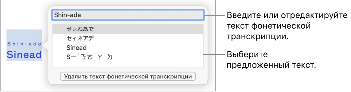 Отображается фонетическая транскрипция слова с вынесенным текстовым полем, содержащим предложенный вариант текста.