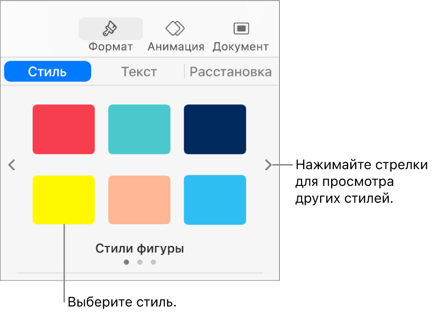 Вкладка «Стиль» в боковом меню «Формат» с шестью стилями объектов и стрелками навигации слева и справа.