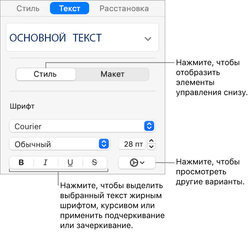 Элементы управления «Стиль» в боковом меню. Выноски указывают на кнопки «Жирный», «Курсив», «Подчеркивание» и «Зачеркивание».