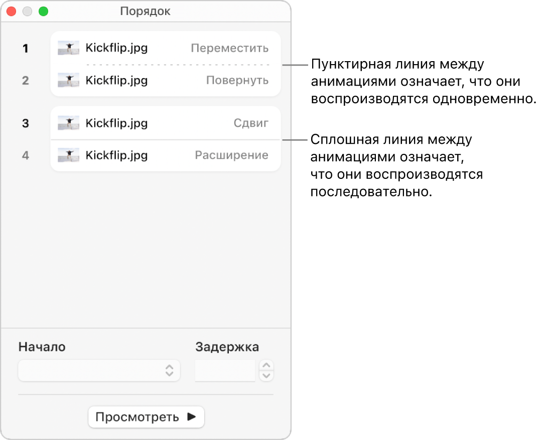 Меню «Порядок»; пунктирная линия между анимациями означает, что они воспроизводятся одновременно, а сплошная линия — что они воспроизводятся последовательно.