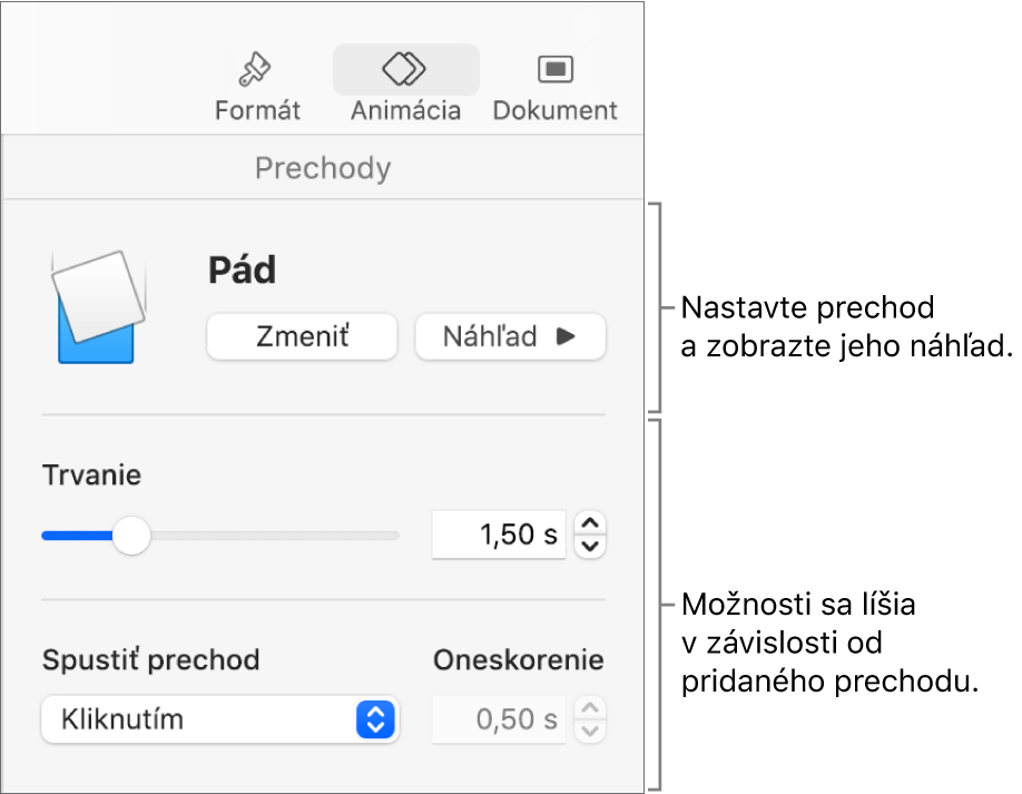 Ovládacie prvky prechodu v časti Prechody na postrannom paneli.