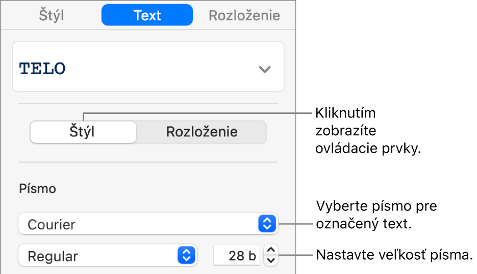 Ovládacie prvky textu v časti Štýl postranného panela pre nastavenie písma a veľkosti písma.