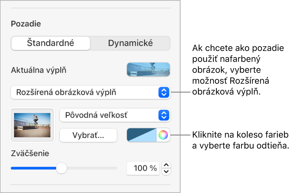 Ovládacie prvky pozadia so zafarbením Rozšírená obrázková výplň nastaveným ako pozadie snímky.