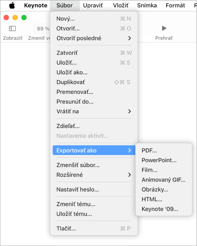 Menu Súbor otvorené s vybratou položkou Exportovať do a submenu zobrazujúce možnosti exportu pre PDF, Word, Film, HTML, obrázky a Keynote '09.