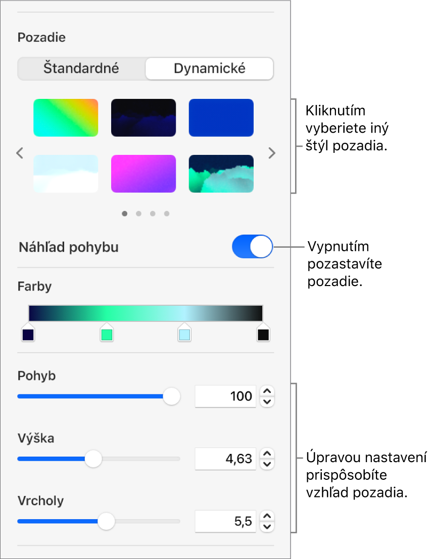 Tlačidlo Dynamické, ktoré je označené v sekcii Pozadie na postrannom paneli Formát so zobrazenými štýlmi dynamického pozadia, ovládacím prvkom Ukážka pohybu a ovládacími prvkami vzhľadu.