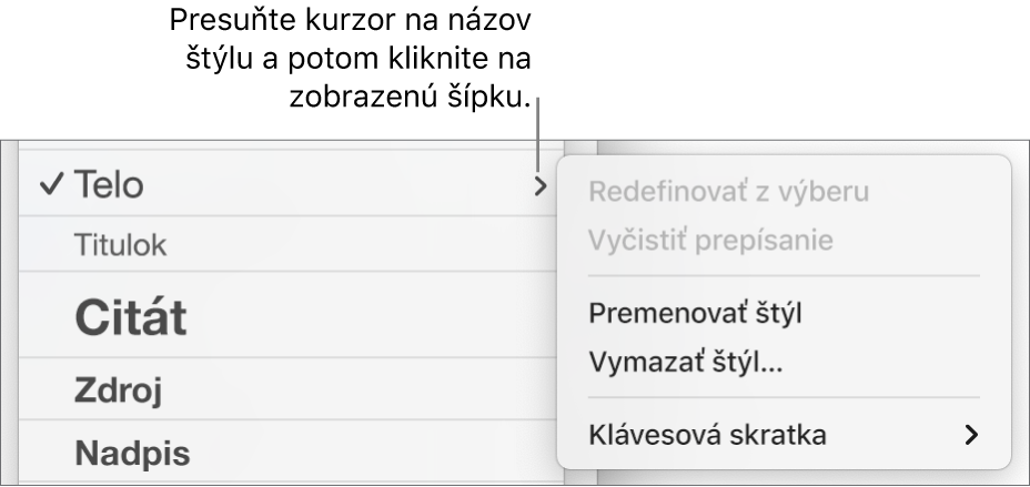 Menu Štýly odseku s otvoreným menu skratiek.