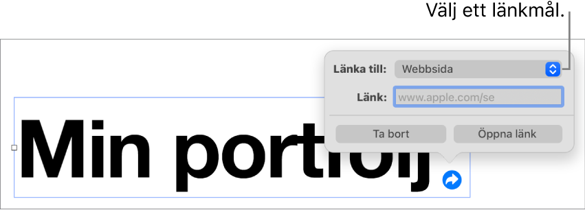 Länkredigerarreglage med Webbsida markerat och knapparna Ta bort och Öppna länk längst ned.