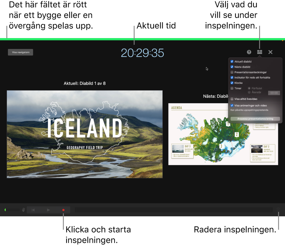 Skärmavbild på röstinspelningsläget på presentatörsskärmen. Den nuvarande och nästa diabild, aktuell tid och reglagen för presentatörsskärmen visas. Reglagen för att starta och avsluta inspelningen och reglaget för att radera inspelningen visas långt ned på skärmen.