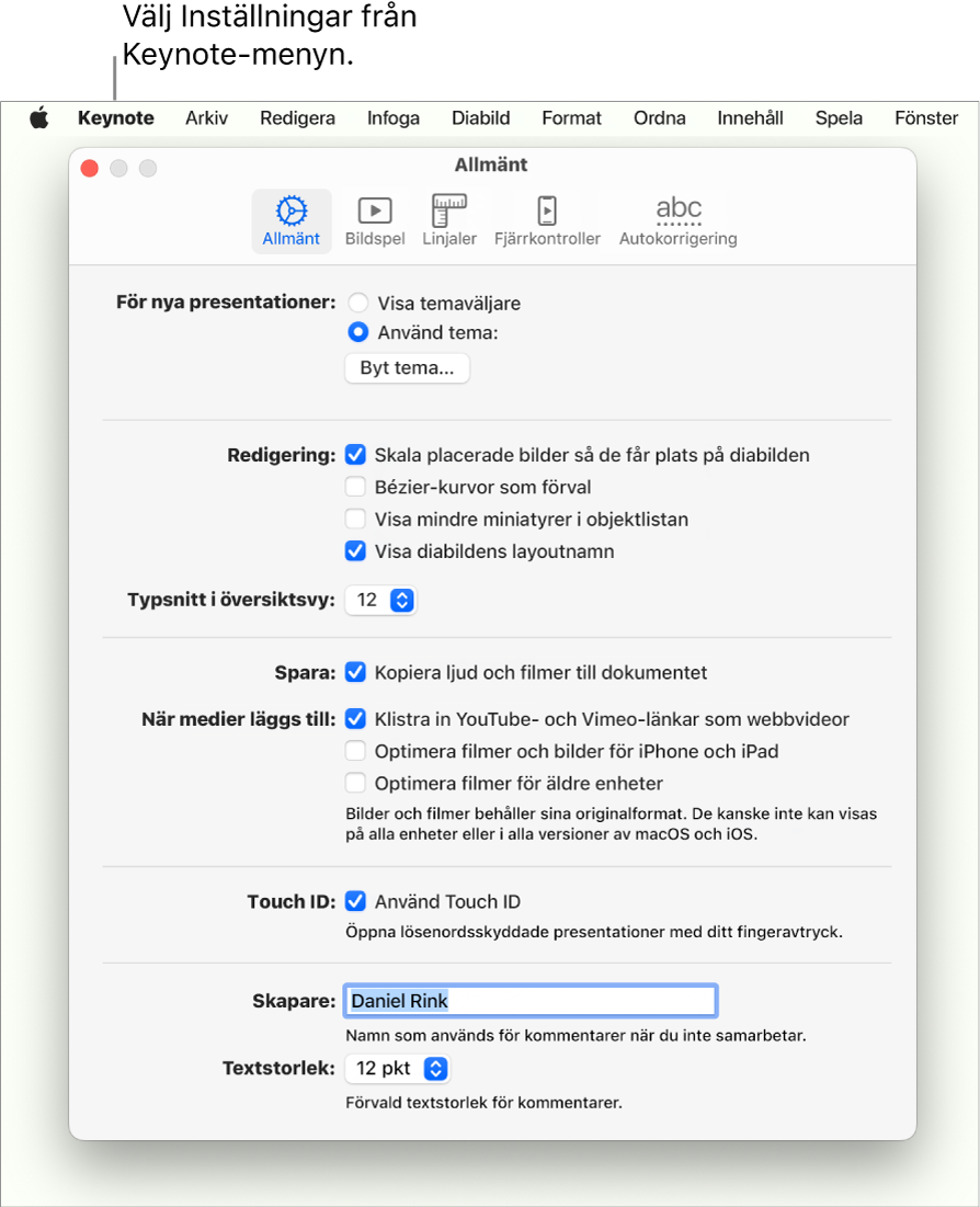 Keynote-inställningsfönstret med panelen Allmänt öppen.