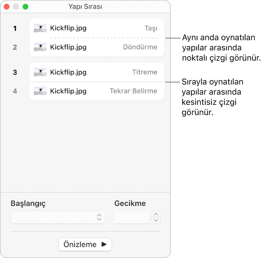 Yapı Sırası menüsü, eşzamanlı oynatılan yapılar arasında görünen noktalı bir çizgi ve tek tek oynatılan yapılar arasında düz bir çizgi ile.